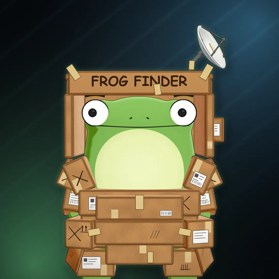 Sir Ribbit, a green cartoon frog wearing Cardboard Commando armour made of taped cardboard boxes with a "FROG FINDER" sign and a satellite dish.