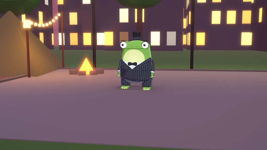 Sir Ribbit standing at dusk in an outdoor test set with warm window lights and a campfire.