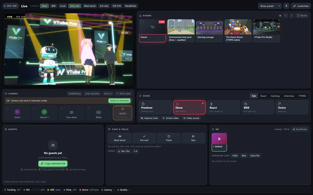 The VTube Pro Live console: program monitor, rooms, camera cuts, show states (Preshow, Show, React, BRB, Outro), guests, chat and polls.