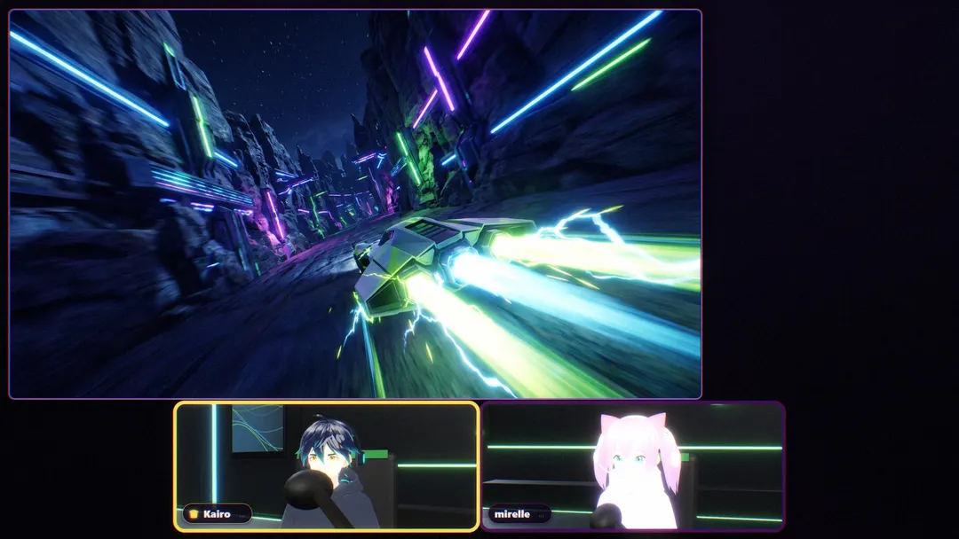 Gaming mode: the game capture fills the frame and the performers dock as cameras below it.